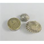 Silver tortoise box, London 1973, 3.5cm long and two silver plated pill boxes (3)