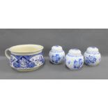 Blue and white chamber pot, together with a set of three Rington's, blue and white Chrysanthemum