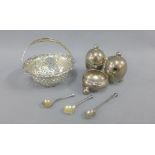 Late Victorian silver bonbon basket, Birmingham 1900, together with a George V silver condiment set,