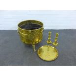 Collection of brass wares to include a pair of knop stemmed candlesticks, tray and a coal bucket, 37