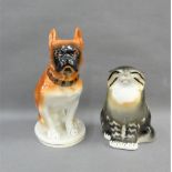 Two Russian porcelain figures to include a Bulldog and a Cat, with Lomonosov style back stamps,