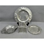 Collection of English pewter to include two trays, twin handled dish and a biscuit barrel, (4)