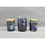 Margery Clinton, group of three black pottery and lustre glazed vases, all signed and monogrammed,