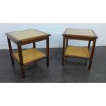 Pair of mahogany framed lamp tables / bedsides with glazed and cane work top with conforming