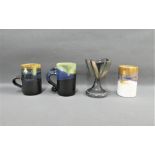 Margery Clinton lustre glazed studio pottery to include two mugs, a vase and another, signed,