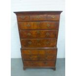 Walnut veneered chest on chest with three short drawers and six long drawers, on bracket feet, (a/