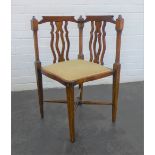 Mahogany corner chair, with splat back, upholstered seat and square tapering legs with cross
