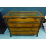 Hardwood Art Nouveau style chest with glass top and large long drawers, 92 x 106cm