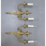 Pair of brass twin branch wall lights, 41 cm long (2)