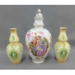 Continental porcelain jar and cover, together with a pair of vases, (3)