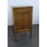 Mahogany pot cupboard with tapered legs and single door, 77 x 41 cm