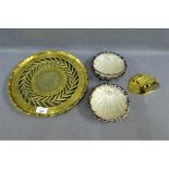 Brass circular tray, a Chinese brass lock and a pair of Epns and glass shell shaped basket dishes (a