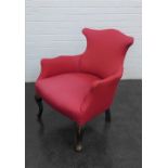 Red upholstered armchair on cabriole legs, 78 x 64 cm