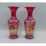 A pair of Bohemian red glass vases with etched Stag and forest pattern, (2)