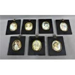Collection of seven portrait miniatures in ebonised frames, 7.5 x 6 cm, (7)