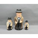 Set of three Royal Doulton 'Winston Churchill' graduated Toby jugs with printed back stamps, tallest