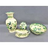Collection of Mason's Chartreuse pottery to include a vase, ginger jar, bowl, sauce boat and