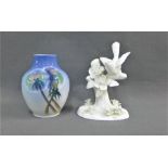 Crown Staffordshire J T Jones white glazed bird figure group, together with a small Copenhagen vase,