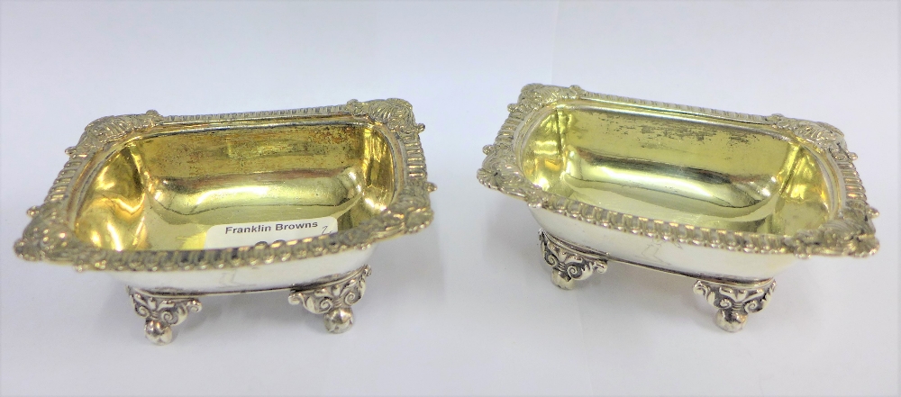 Pair of 18th century silver gilt salts, IB, London 1779, with rectangular bowls, gadrooned edge