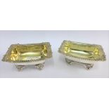 Pair of 18th century silver gilt salts, IB, London 1779, with rectangular bowls, gadrooned edge