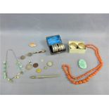 Mixed lot to include silver and Epns napkin rings, coloured hardstone beads, jadeite plaque, white