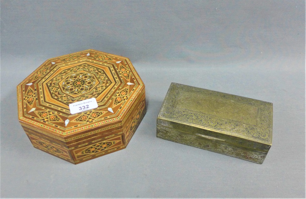 Octagonal inlaid wooden box, together with a brass box, largest 19cm wide, (2)