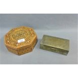 Octagonal inlaid wooden box, together with a brass box, largest 19cm wide, (2)