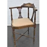 Mahogany and inlaid corner chair with curved top rail, vertical splats and upholstered seat, 75 x