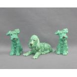 Three Sylvac green glazed dogs to include model number 114 and two models number 1378, tallest 13cm,