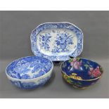 Staffordshire blue and white floral patterned ashet, Spode bowl and a Maling floral patterned blue