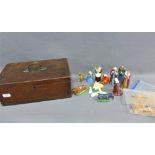 Stained mahogany box containing a vintage painted plaster nativity set of figures (a lot)