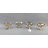 Set of four Victorian Scottish silver salts, with oval bowls, reeded rims, twin handles and pedestal