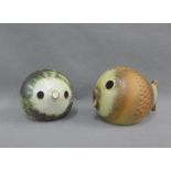 A Briglin studio pottery Hedgehog money bank together with a studio pottery fish money bank, longest