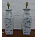 Pair of blue and white Chinese style table lamp bases, 44 x 13cm (2)