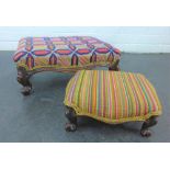 Mahogany footstool with geometric design upholstery on short cabriole legs together with another