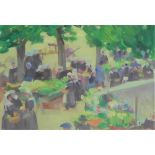 20th Century School 'Market Square with Figures' Oil-on-Board Signed indistinctly, in a glazed