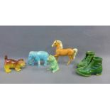 Mixed lot to include a Beswick Pony, Sylvac style Elephant and Bear, pair of green glazed boots