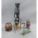 Mixed lot to include some bronzed metal African style figures, a green hardstone lion, a cast