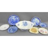 Quantity of Staffordshire blue and white plates, a basin and a Winston Churchill plate etc., (9)