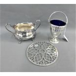Birmingham silver mounted circular glass coaster together with an Epns basket with blue glass