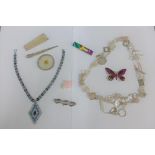 A collection of contemporary silver and acrylic jewellery to include a glass bead necklace, two