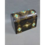 Victorian coromandel veneered box with bronze metal strap work, ivory and turquoise cabochons with