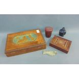 Mixed lot to include wooden boxes, dice, hardstone duck and a Buddha, (5)