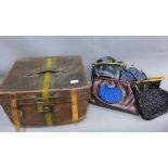 Brown leather case containing a quantity of ladies vintage handbags and scarves etc (a lot)