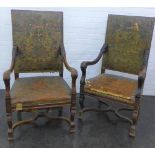 Pair of late 19th century open arm chairs with worn and embossed backs and seat, with carved