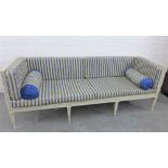 19th century Scandinavian grey painted wooden framed settee / day bed, with blue striped upholstered