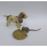 Cold painted Spelter Mouse and Biscuit, (11cm long), together with a Spaniel dog figure, (2)