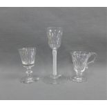 Wine glass with twisted opaque glass stem and bell shaped bowl, together with a glass custard cup