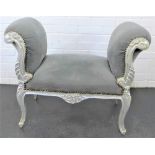 Silver giltwood window stool, with grey upholstered seat and sides, 70 x 94cm