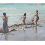 Elaine Hughes 'Children Playing at the Shore' Coloured Print Signed in pencil, numbered 164/400,